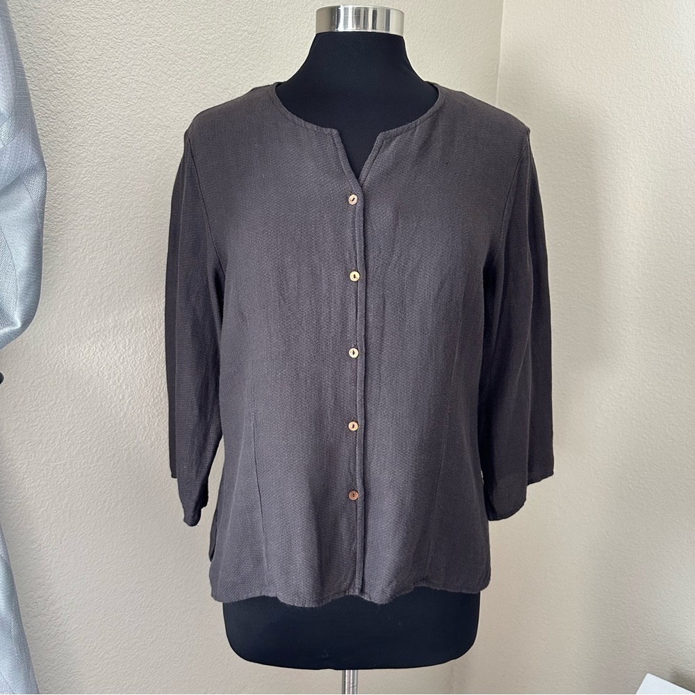 Eileen Fisher Brown Linen Blend Button Up Top Shirt Size M